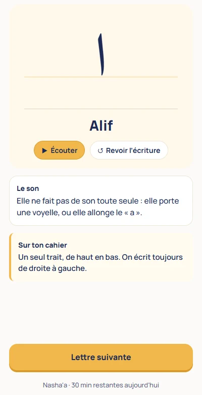 Leçon d'arabe dans Nasha'a : la lettre Alif, avec un bouton Écouter et une consigne pour l'écrire sur son cahier